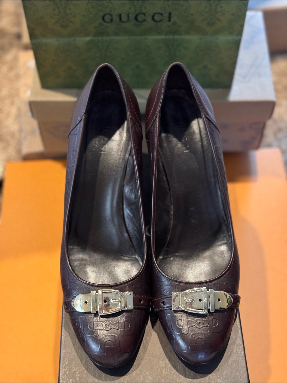 Gucci Brown Leather Buckle Pumps with Silver-Tone Accent